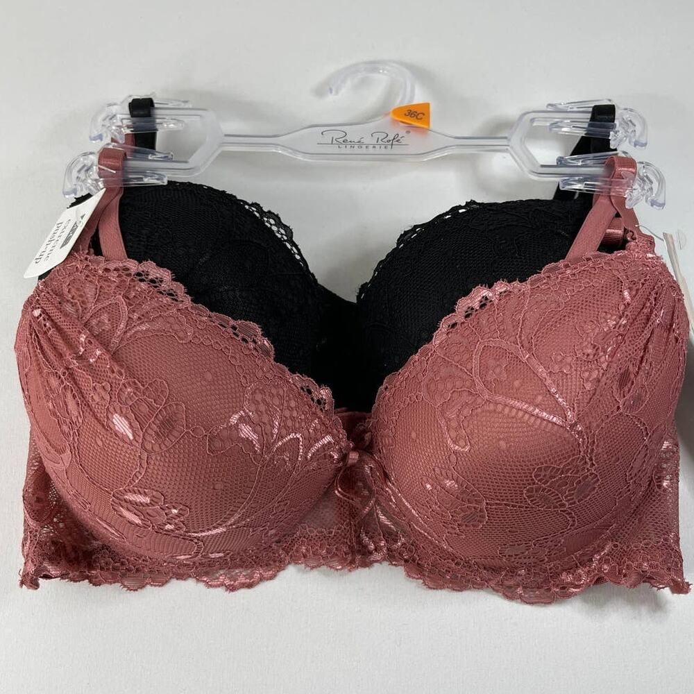 Rene Rofe Lingerie Extreme Push Up Lace Detail Bras 2 pack 36C NEW Black Pink